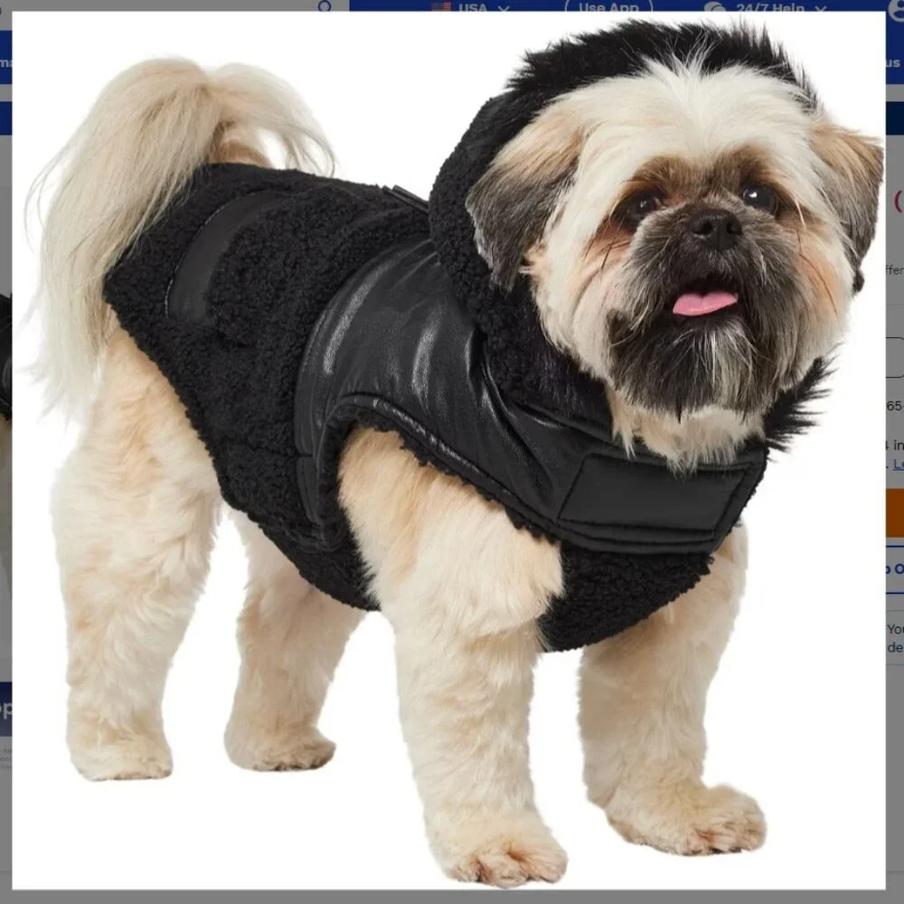 BNWT Frisco Medium Weight Faux Leather Dog Parka with Faux Fur Trimmed Hood